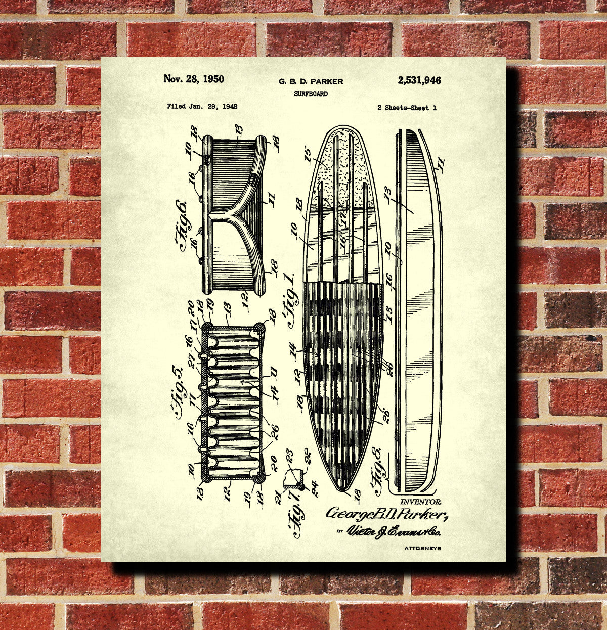 Surf Board Patent Print Water Sports Blueprint Surfing Poster