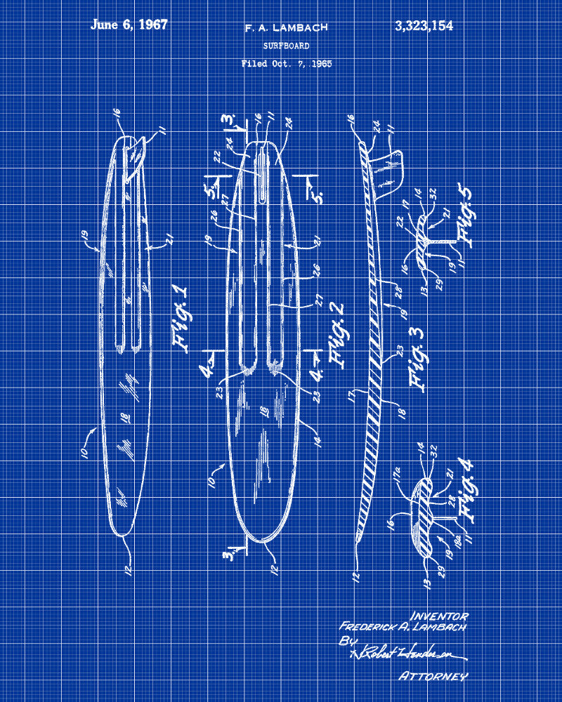 Surfboard Patent Print Sports Blueprint Poster Wall Art