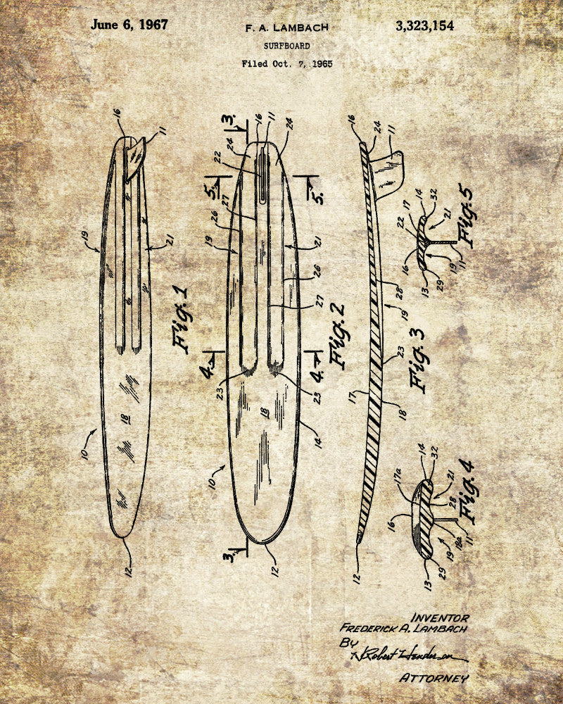 Surfboard Patent Print Sports Blueprint Poster Wall Art
