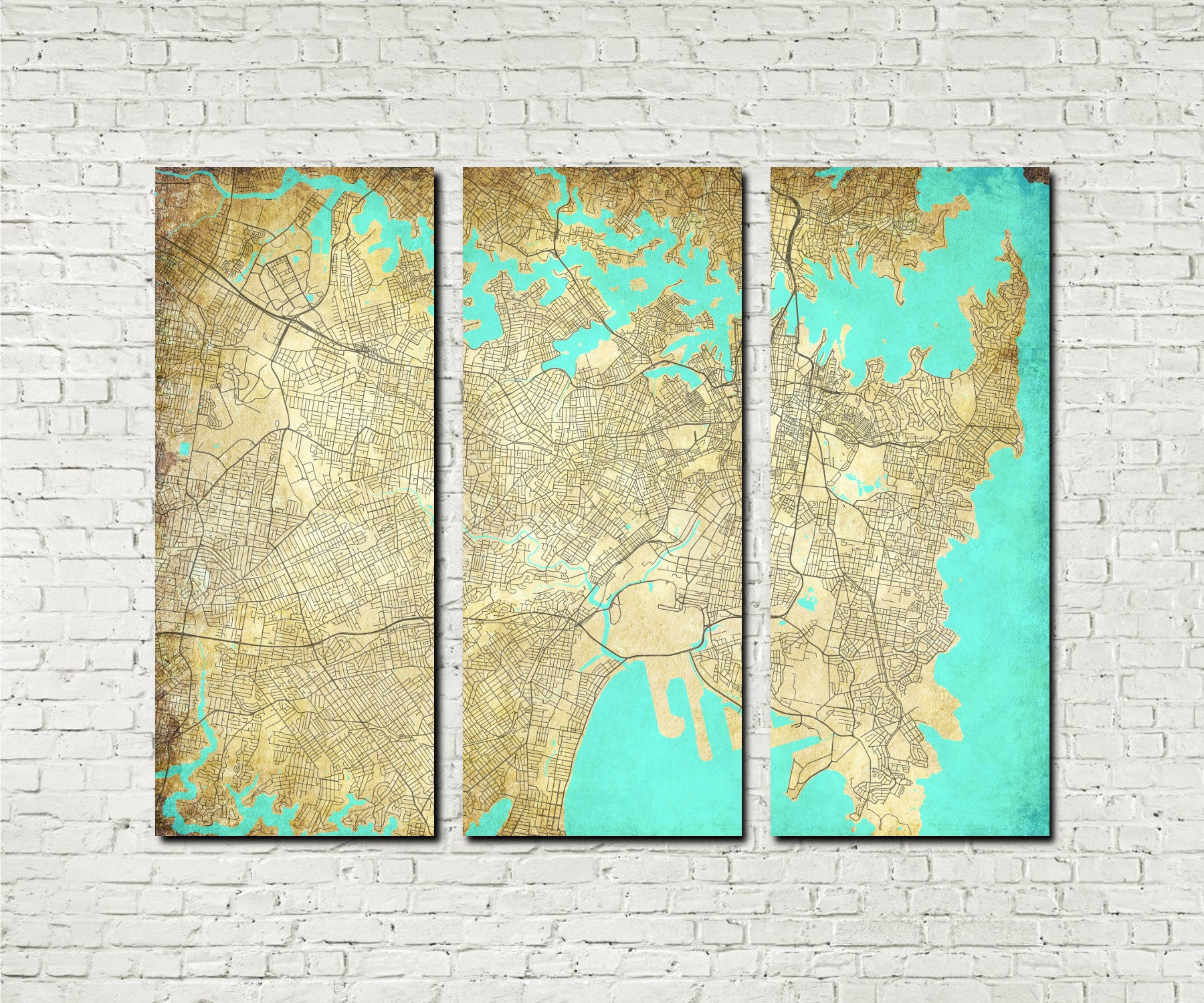 Sydney Street Map 3 Panel Canvas Wall Map
