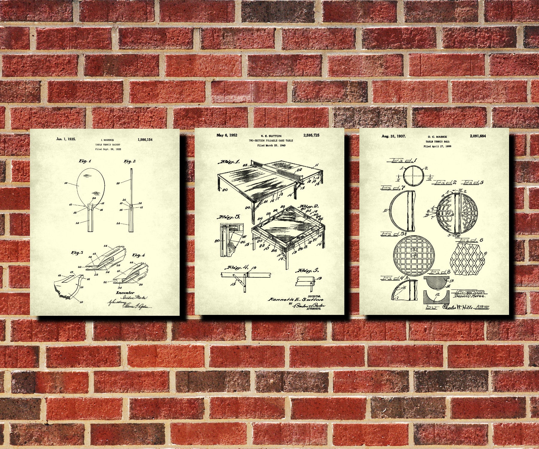 Table Tennis Patent Prints Set 3 Vintage Sport Posters
