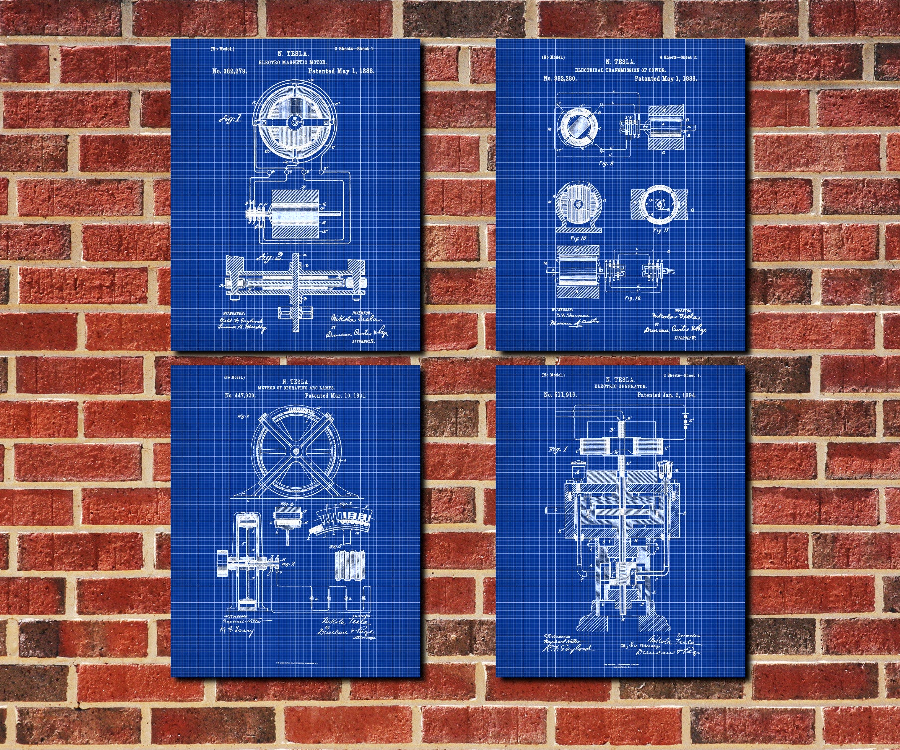 Nikola Tesla Patent Prints Set 4 Blueprint Designs Electrical Posters