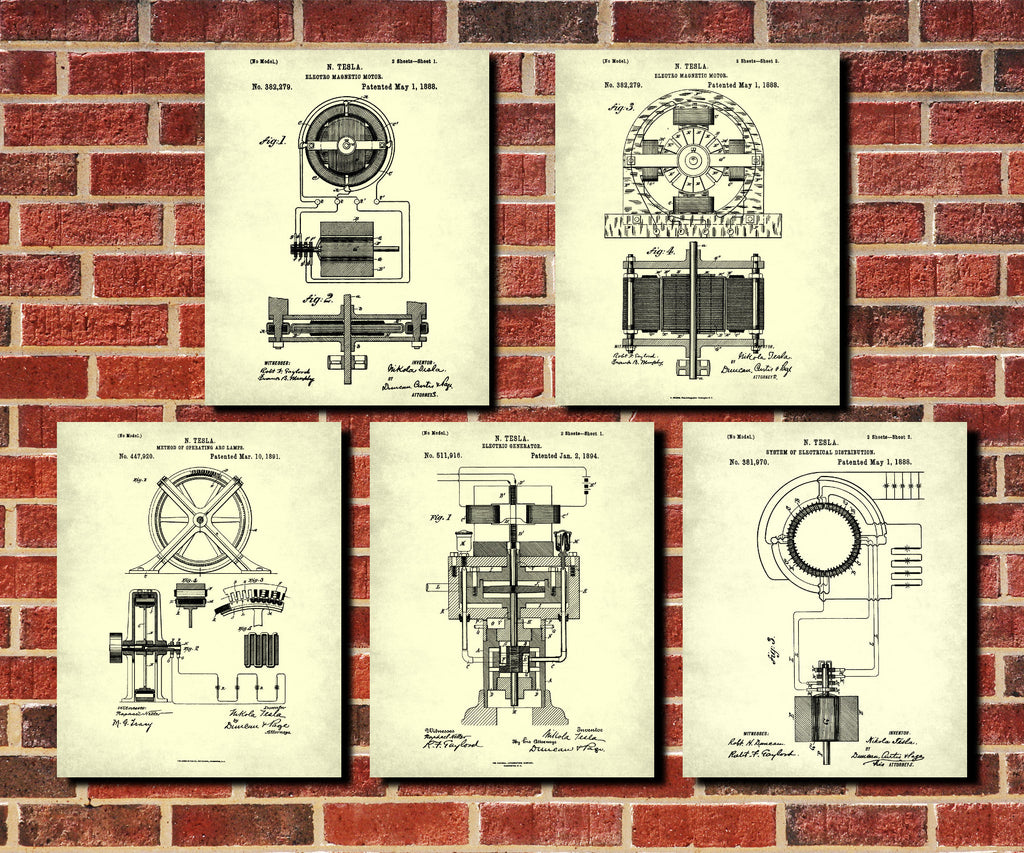 Nikola Tesla Patent Prints Set 5 Science Posters