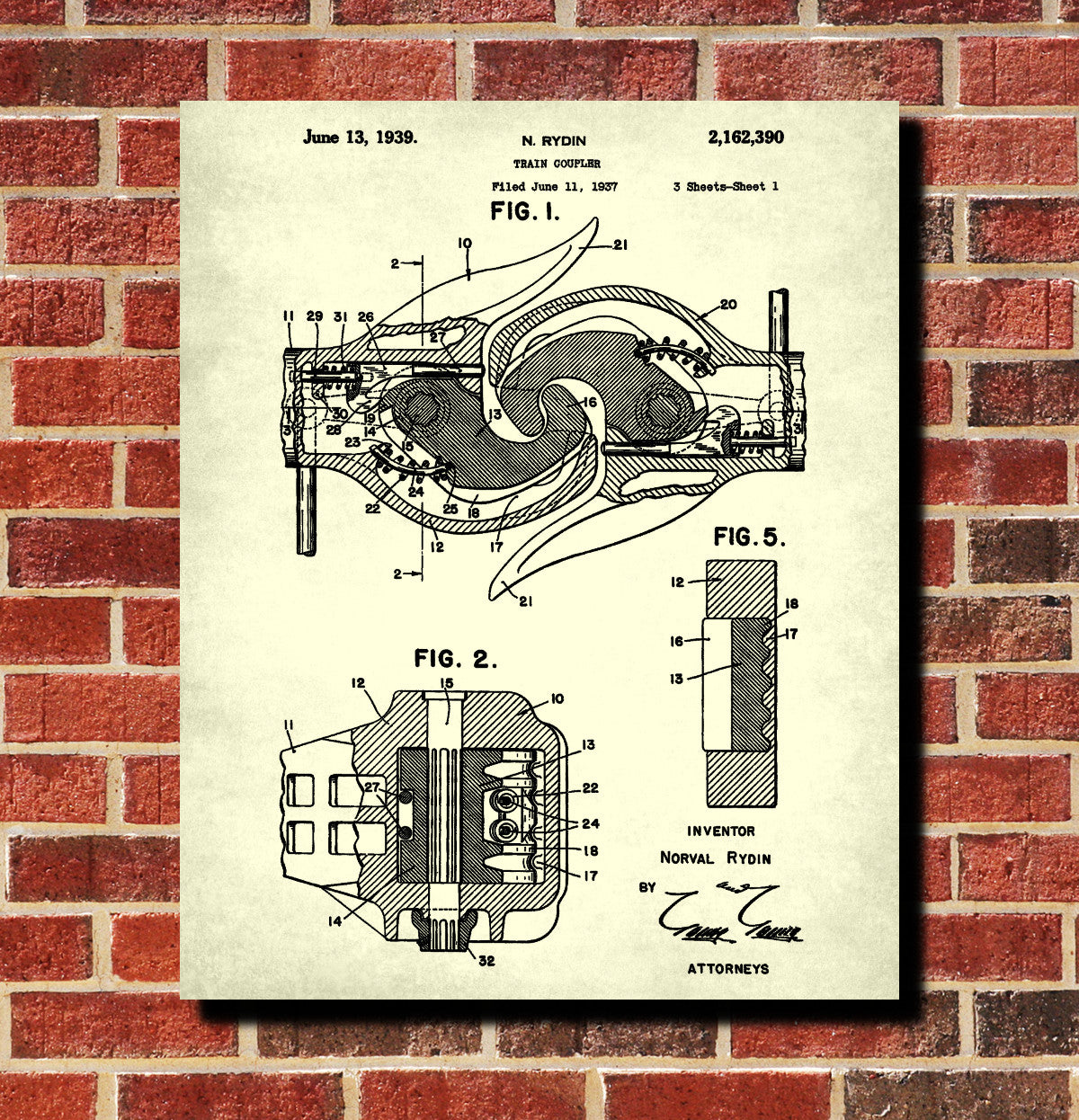 Railroad Patent Print Train Coupler Railway Wall Art