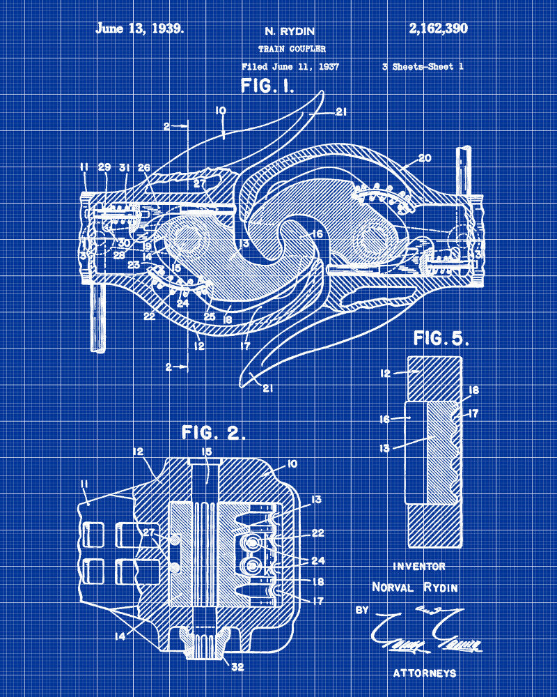 Railroad Patent Print Train Coupler Railway Wall Art