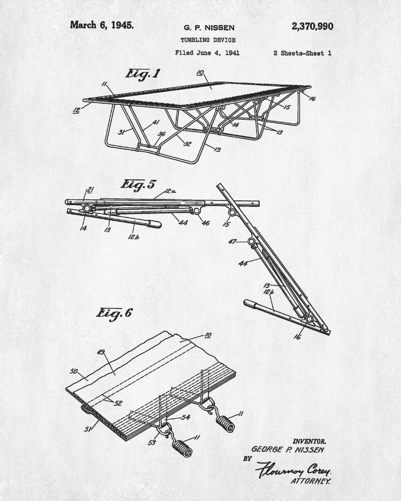 Trampoline Patent Print Gymnastics Poster Gym Blueprint