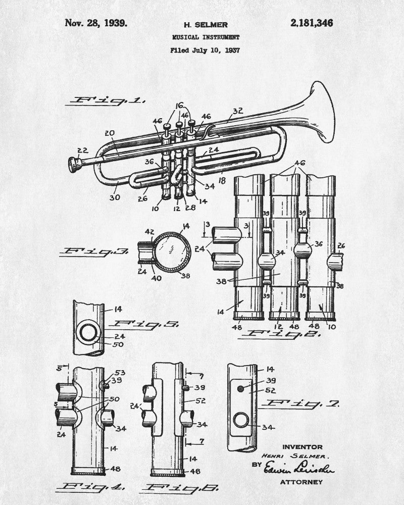 Trumpet Patent Print Jazz Musical Instrument Blueprint Poster - OnTrendAndFab
