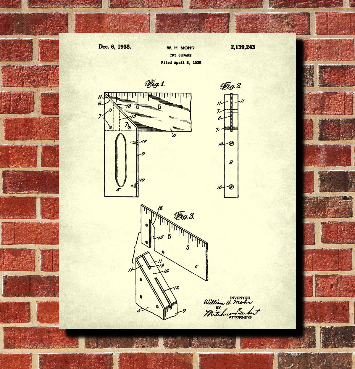 Carpenters Try Square Patent Print Hand Tools Blueprint Workshop Poster