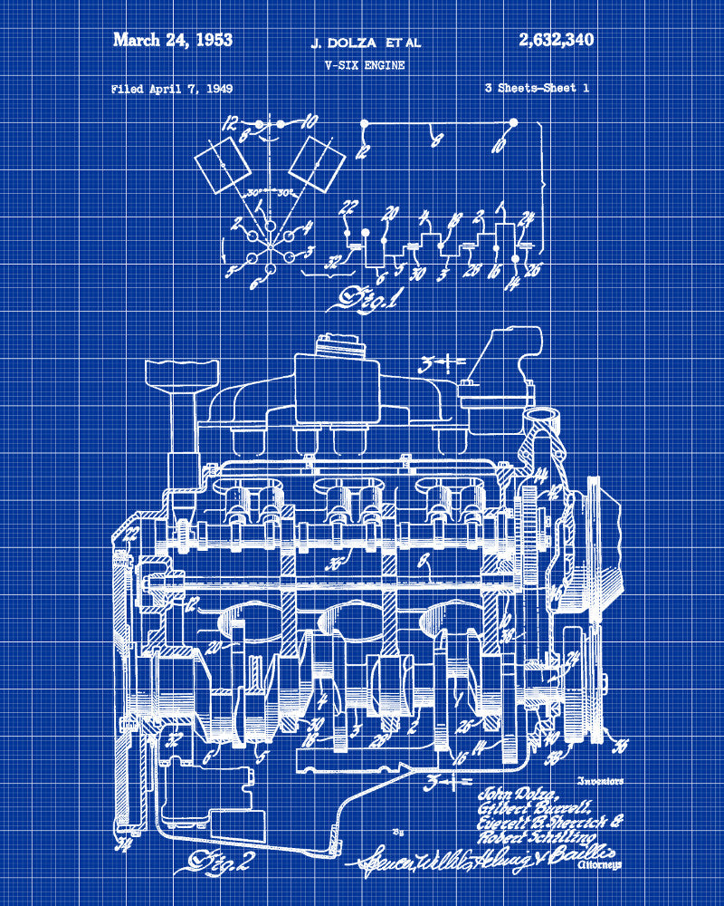 V6 Engine Blueprint Car Automotive Patent Print Garage Poster