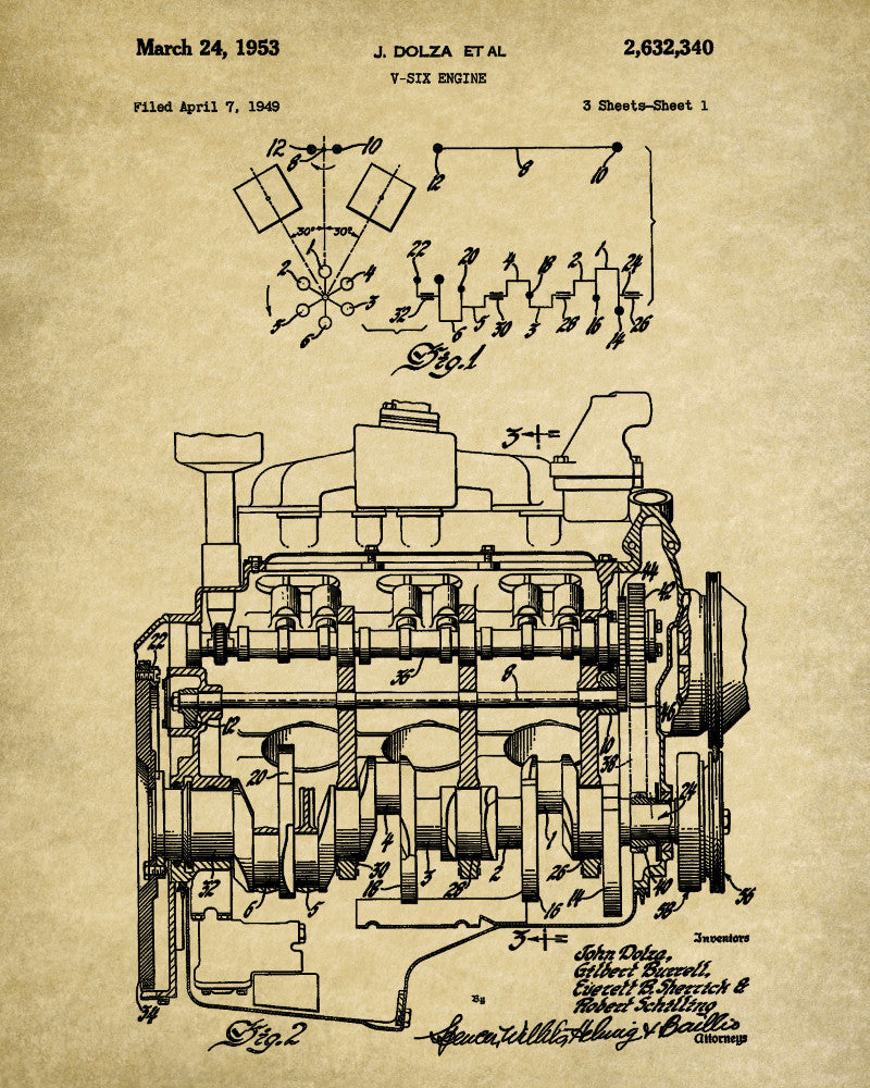 V6 Engine Blueprint Car Automotive Patent Print Garage Poster