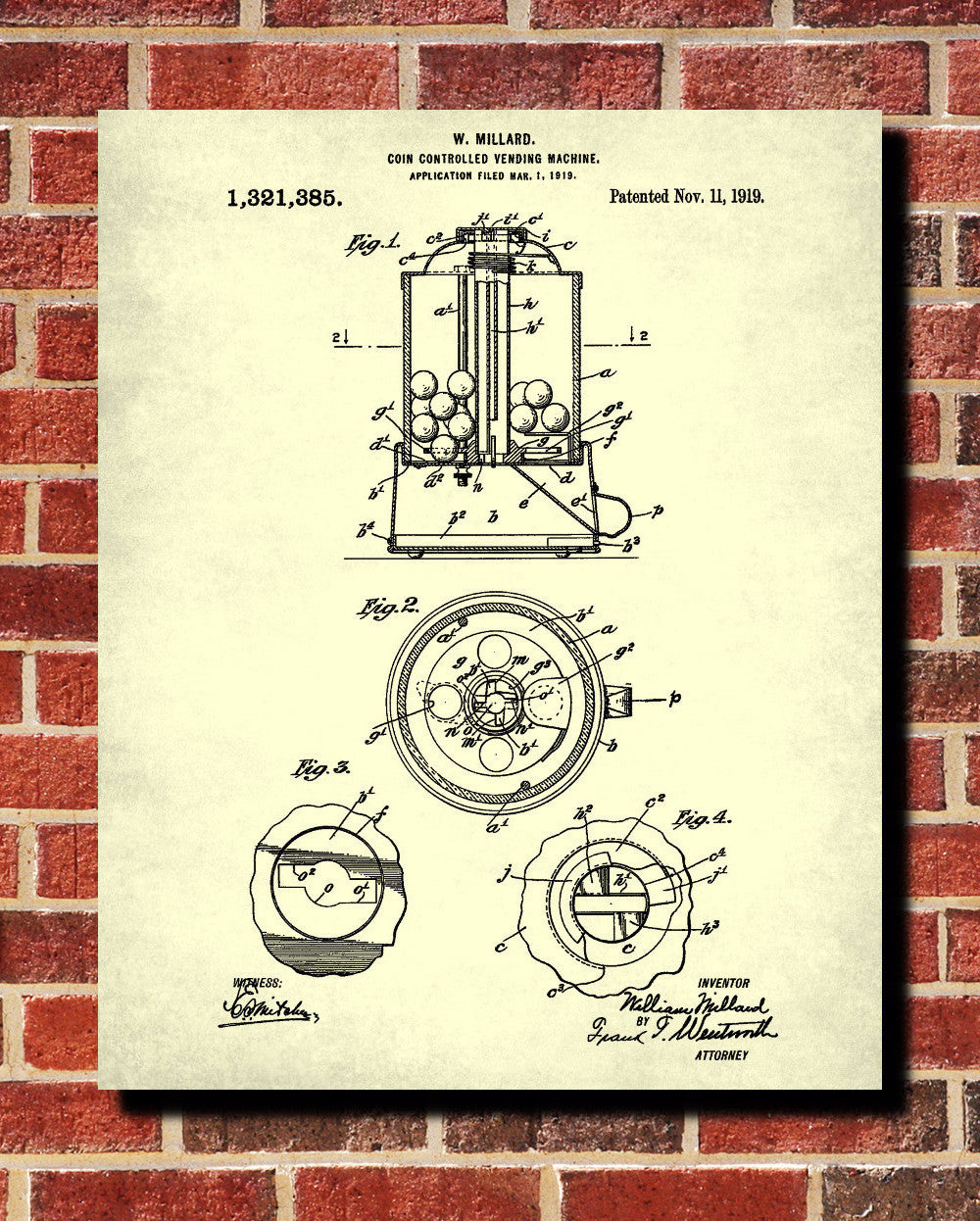 Vending Gumball Machine Patent Print Man Cave Poster Workshop Blueprint - OnTrendAndFab