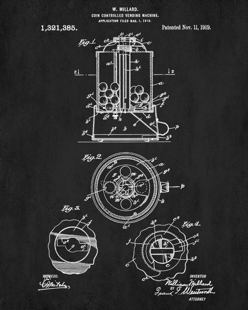 Vending Gumball Machine Patent Print Man Cave Poster Workshop Blueprint - OnTrendAndFab