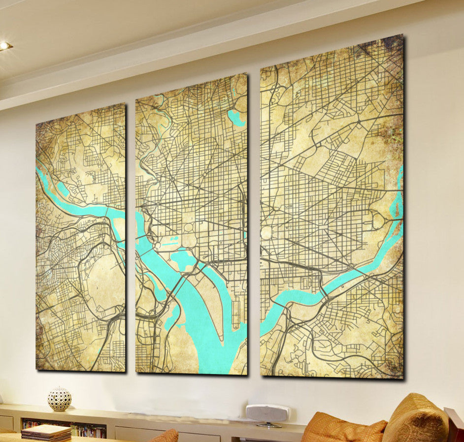 Washington DC Street Map 3 Panel Canvas