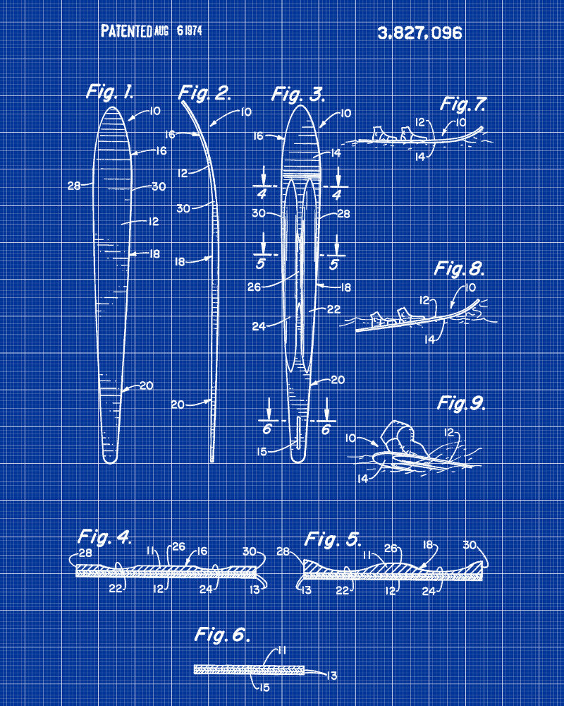 Water Ski Patent Print Art Water Skiing Sports Poster