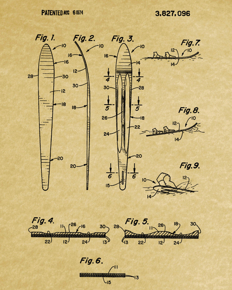 Water Ski Patent Print Art Water Skiing Sports Poster