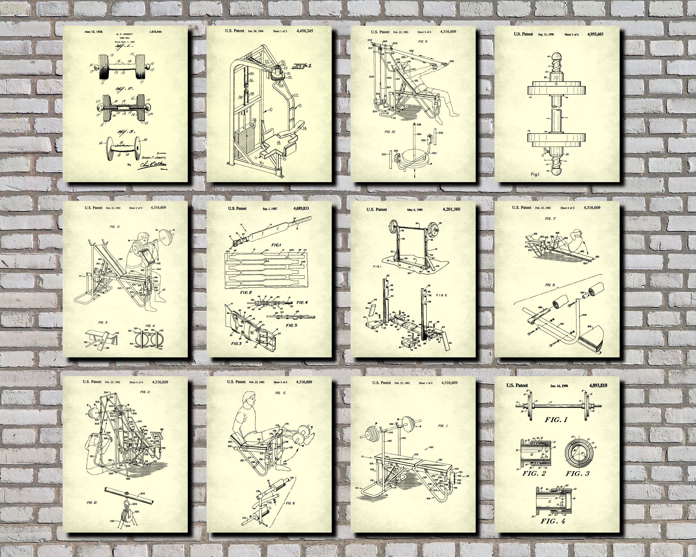 Weight Lifting Patent Prints Set 12 Gym Fitness Posters