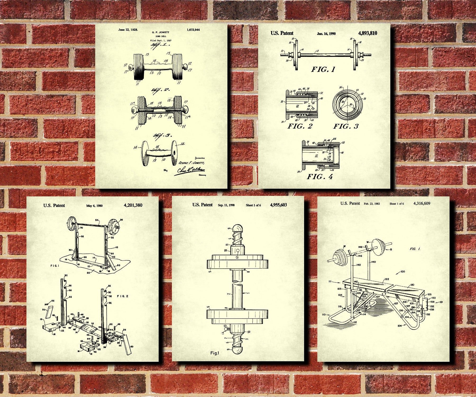 Weight Lifting Patent Prints Set 5 Gym Fitness Posters