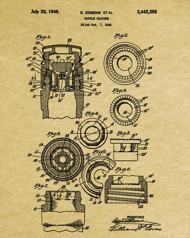Whiskey Bottle Top Patent Print Bar Wall Art Pub Decor Poster