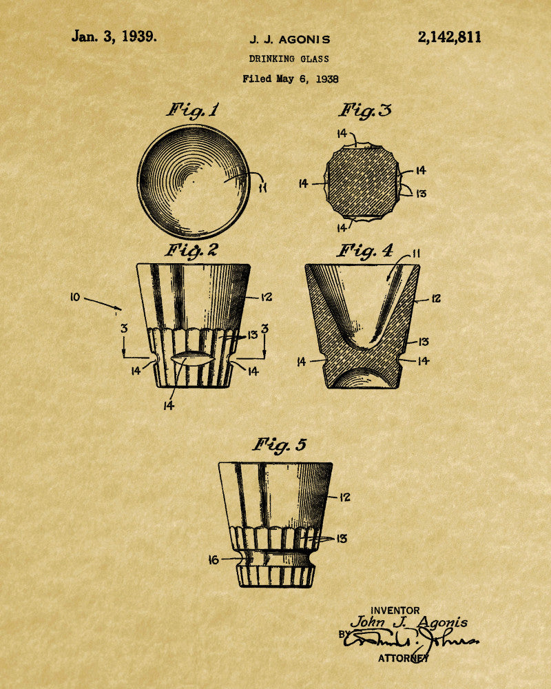 Whiskey Glass Patent Print Bar Wall Art Pub Decor Poster