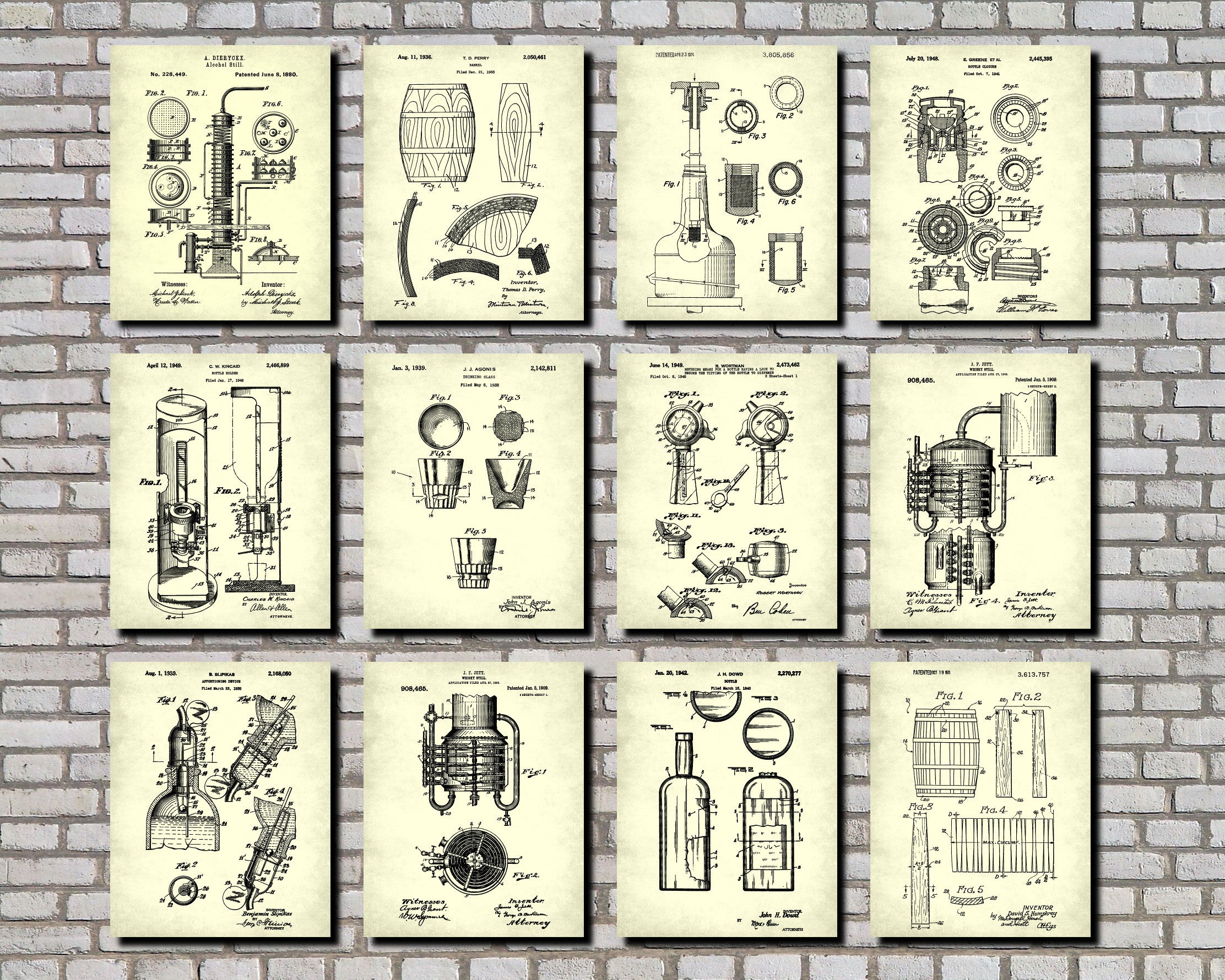 Whiskey Patent Prints Set 12 Bar Art Pub Tavern Posters