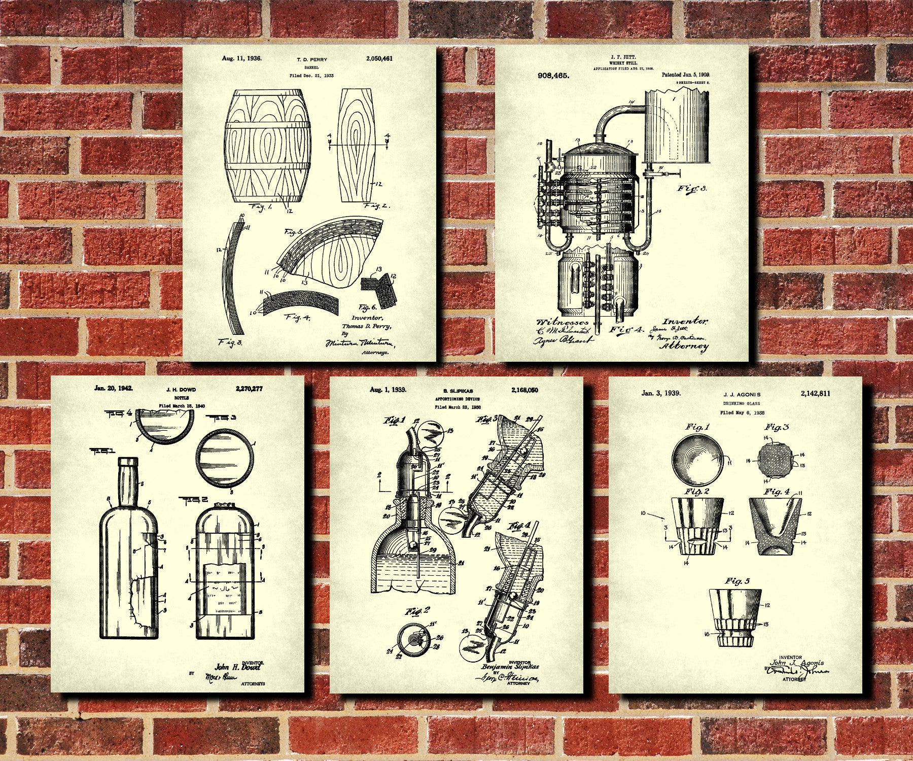 Whiskey Patent Prints Set 5 Cafe Posters Bar Wall Art