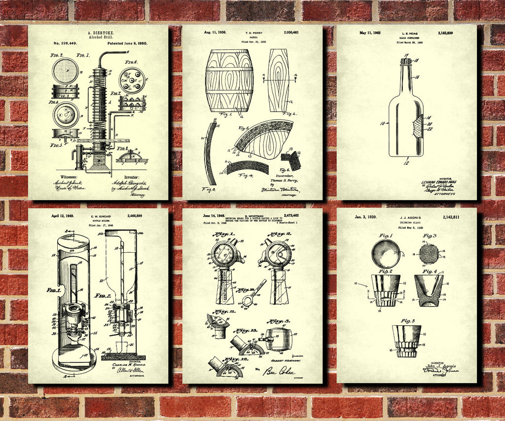 Whiskey Patent Prints Set 6 Bar Art Pub Tavern Posters