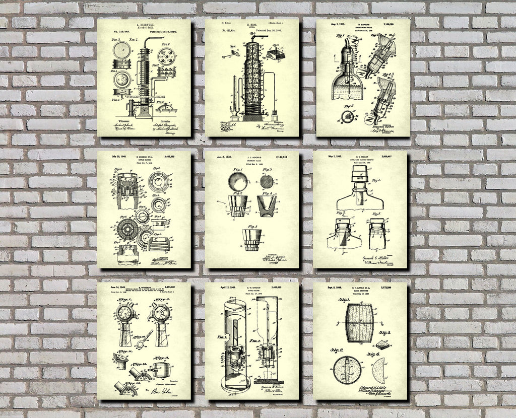 Whiskey Patent Prints Set 9 Bar Art Pub Tavern Posters