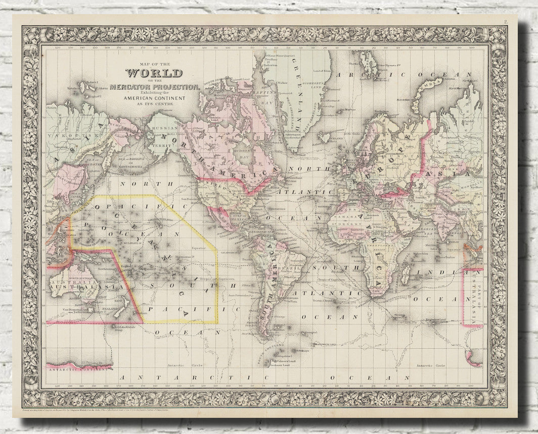 World Map 1860 Mercator Projection, Mitchell 9573