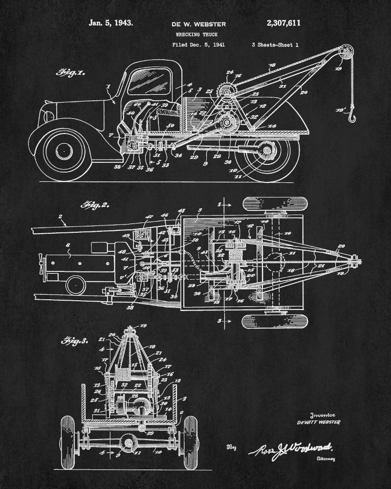 Tow Truck Blueprint Wrecking Truck Patent Print Auto Poster