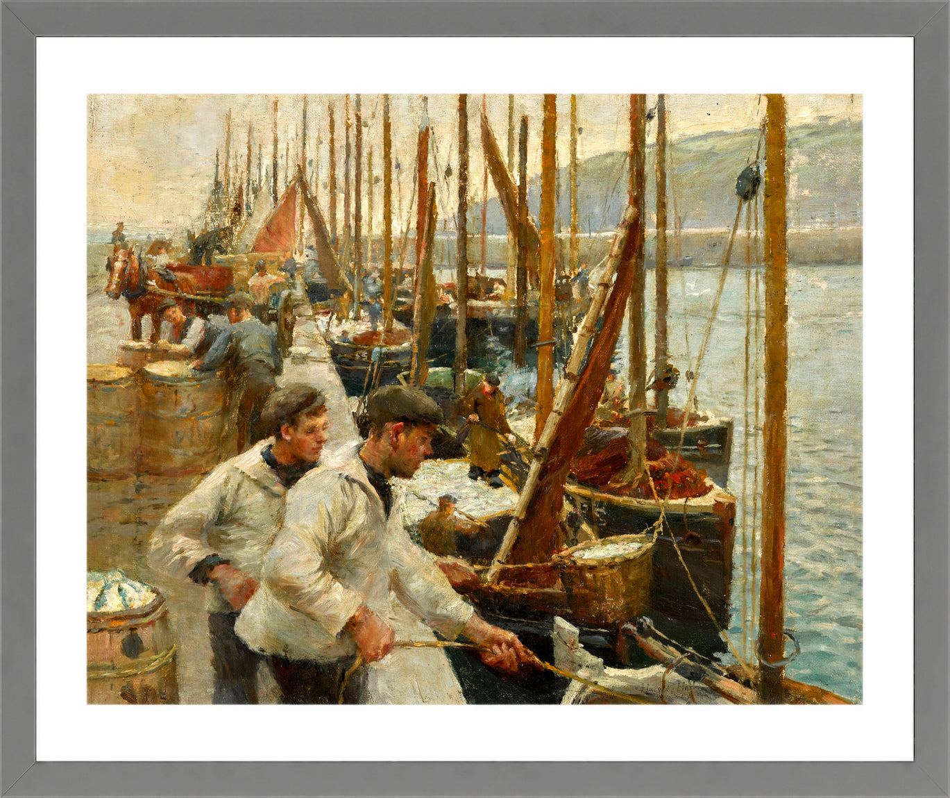 Harold Harvey Print, Fishing Boats, Newlyn in a light grey frame