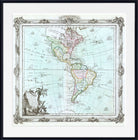 A framed vintage-style map of North and South America with decorative ornamental border details, shown against a white background.