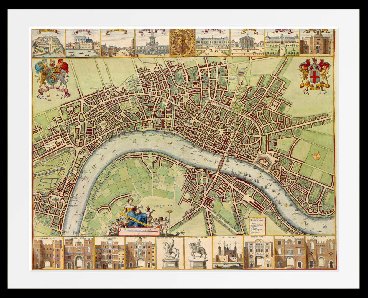 A framed vintage-style city map print showing a river winding through a detailed urban layout, with decorative architectural panels along the top and bottom and a black frame around a white mat.