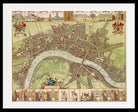 A framed vintage-style city map print showing a river winding through a detailed urban layout, with decorative architectural panels along the top and bottom and a black frame around a white mat.
