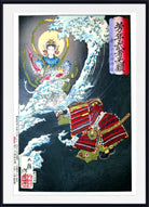 A framed Japanese ukiyo-e woodblock print featuring a samurai warrior in red and black armor falling into dark waves, with a goddess figure above in a blue and gold robe. The print is presented in a white mat and a black frame.