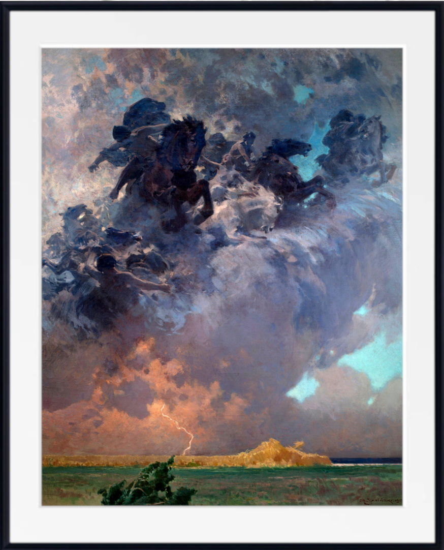 A framed art print featuring a dramatic painting of stormy clouds with dark horse-like figures and a lightning strike over a landscape, shown with a white mat and black frame.
