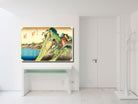 A framed art print of a Japanese ukiyo-e landscape print hangs on a white wall above a white console table in a minimalist, modern room setting.