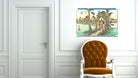 A framed Japanese ukiyo-e style art print hangs on a white paneled wall above an orange tufted armchair next to a white door.