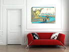 A framed Japanese ukiyo-e woodblock print depicting a scenic landscape with figures and a boat, displayed on a white wall above a modern red sofa with black-and-white pillows in a bright room.