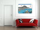 A framed art print depicting a traditional Japanese landscape with a mountain, blue water, and small boats, displayed on a white wall above a red sofa in a modern living room setting.
