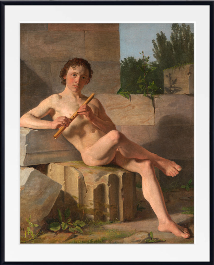 A framed classical painting depicting a nude young man reclining on stone ruins and holding a flute, shown against a white mat and black frame.