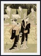 A framed Japanese ukiyo-e woodblock print depicting two figures in traditional black and beige garments in the foreground, with three seated figures in the background under hanging branches. The print is shown with a white mat and a black frame.