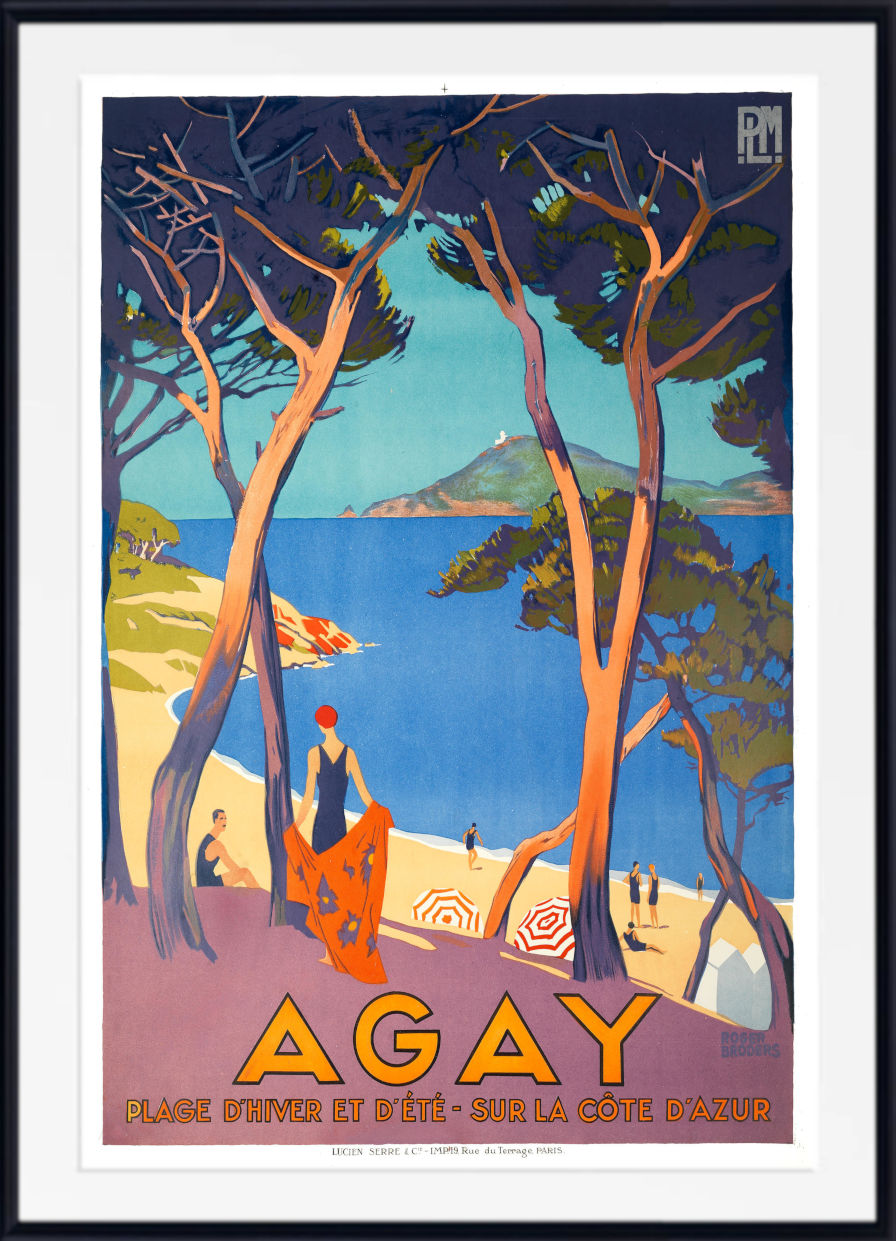 A framed vintage-style travel poster for Agay, showing a coastal beach scene framed by tall trees. The artwork uses bold blue, orange, green, and beige tones, with the word 'AGAY' in large yellow letters at the bottom and a small 'PM' mark in the upper right.