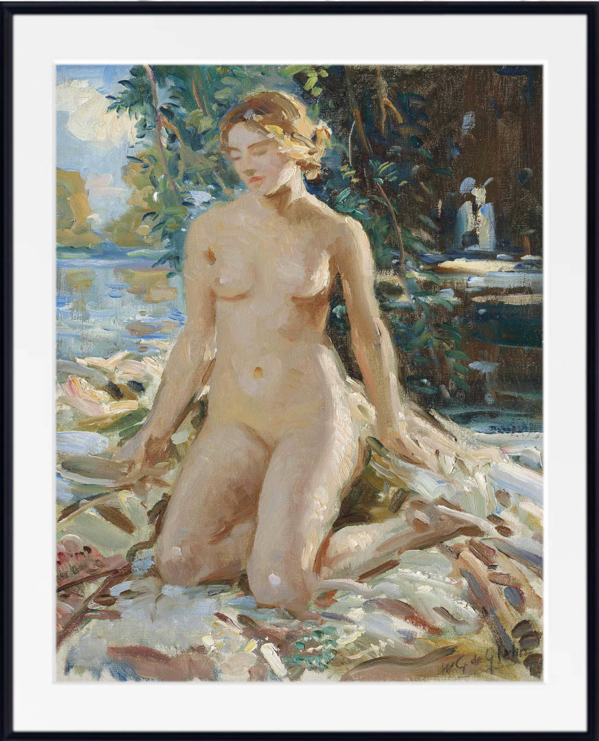 Wilfrid Gabriel de Glehn Print, A kneeling female nude in a landscape