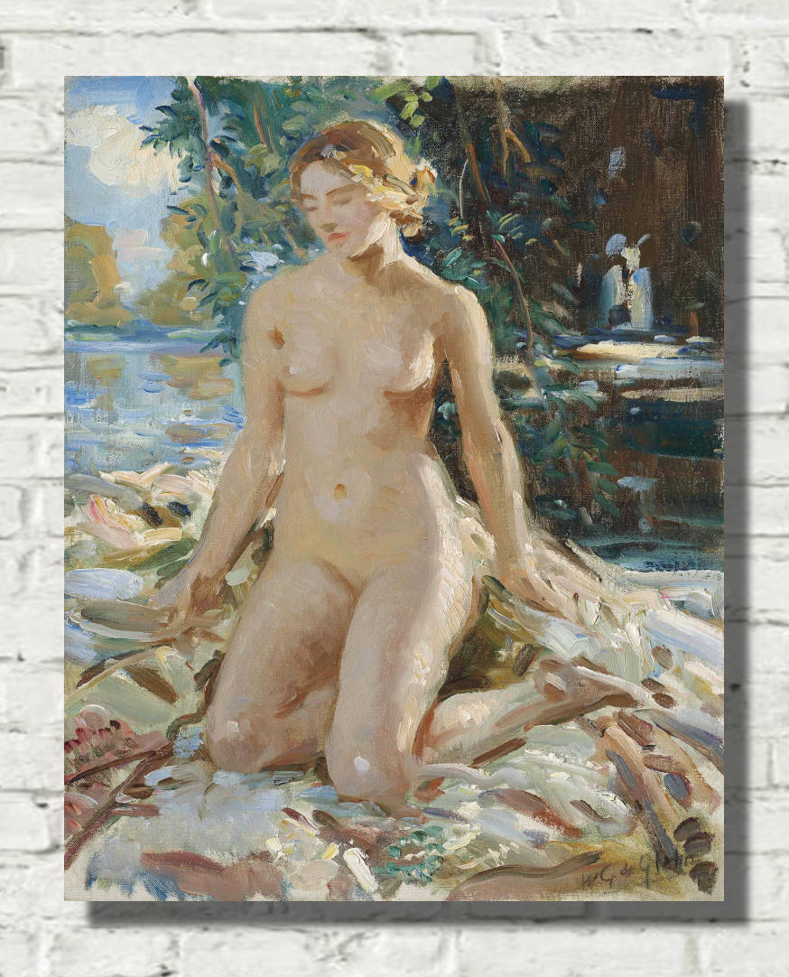 Wilfrid Gabriel de Glehn Print, A kneeling female nude in a landscape