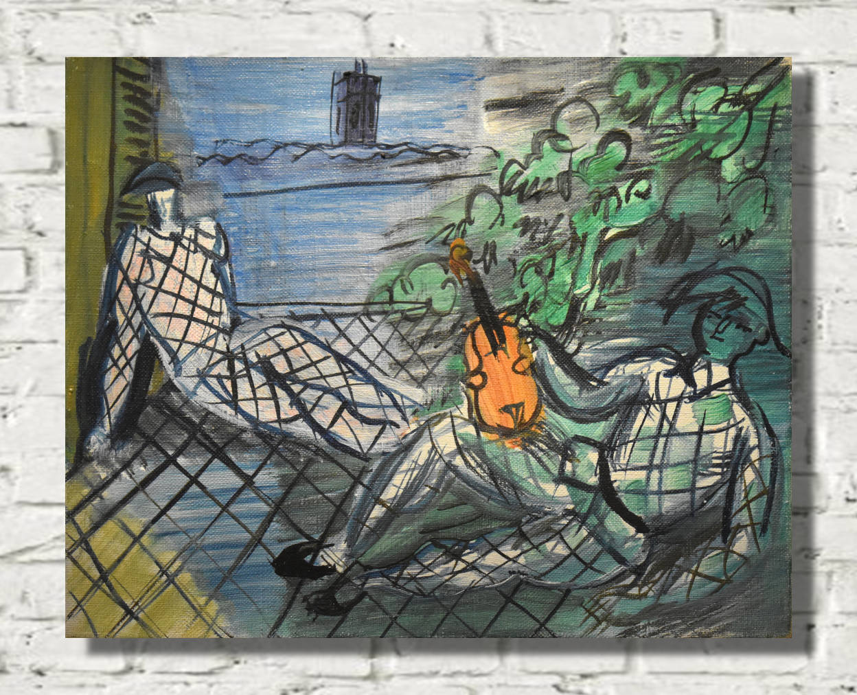 Green and white harlequin on violin by Raoul Dufy