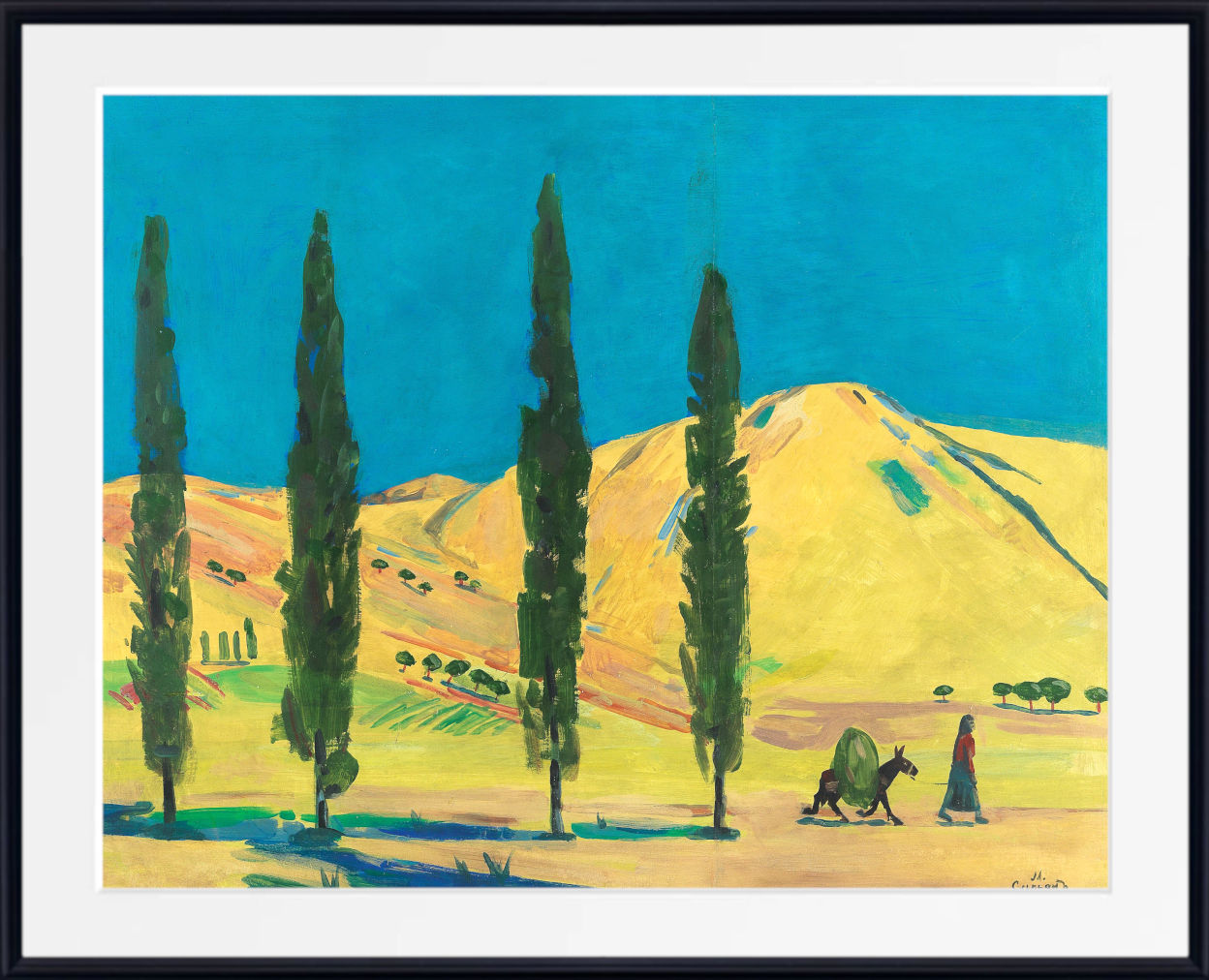 A framed painting depicting a stylized landscape with four tall dark green cypress-like trees, yellow hills, a bright blue sky, and a small figure with a camel near the lower right. The artwork is shown with a wide white mat and a black frame.