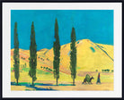 A framed painting depicting a stylized landscape with four tall dark green cypress-like trees, yellow hills, a bright blue sky, and a small figure with a camel near the lower right. The artwork is shown with a wide white mat and a black frame.