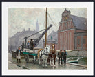 An impressionist oil painting print depicting a bustling canal or harbor scene with horse-drawn carts, workers, water, and a large brick building with a clock tower, shown with a wide white mat and black frame.