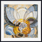 An abstract floral or butterfly-like painting with layered blue, white, gold, brown, and black brushstrokes, shown within a white mat and black frame.
