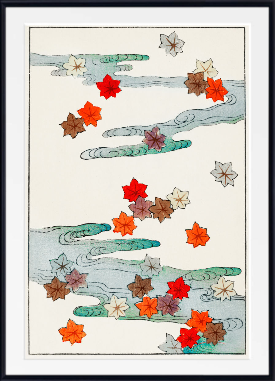 A framed art print featuring a Japanese-style illustration of red, orange, brown, and white maple leaves floating on wavy teal clouds against an off-white background, enclosed in a black frame with a white mat.